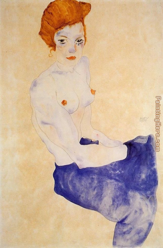 Seated Girl with Bare Torso and Light Blue Skirt painting - Egon Schiele Seated Girl with Bare Torso and Light Blue Skirt art painting